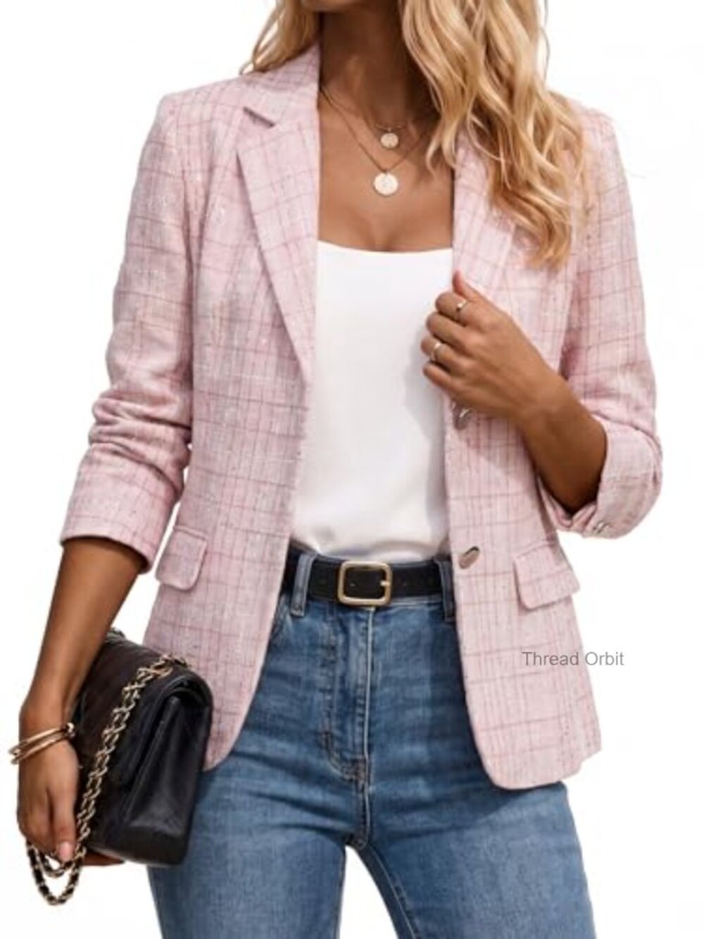 Womens Tweed Blazer Jacket Plaid Sequin Long Sleeve Casual Blazers